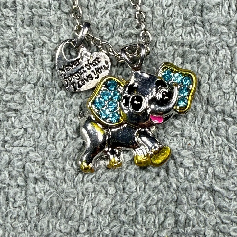 Cute Silver Elephant Necklace with Blue and Yellow Accents